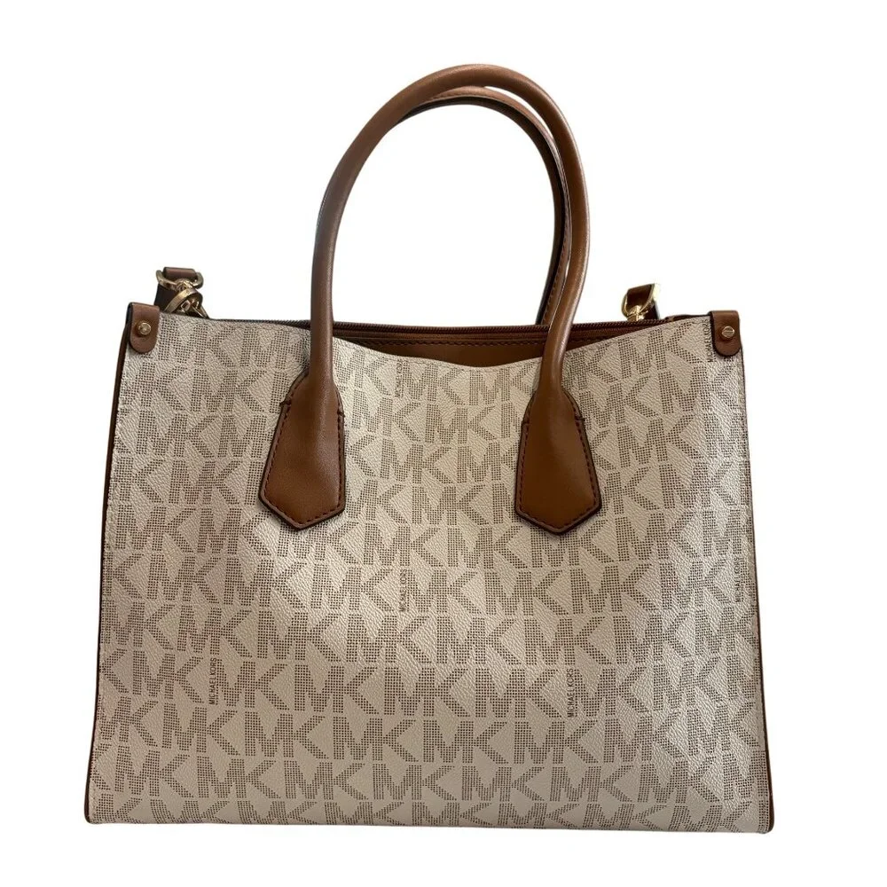 Michael Kors Logo Cream & Brown Canvas & Leather Tote Bag With Detachable Strap